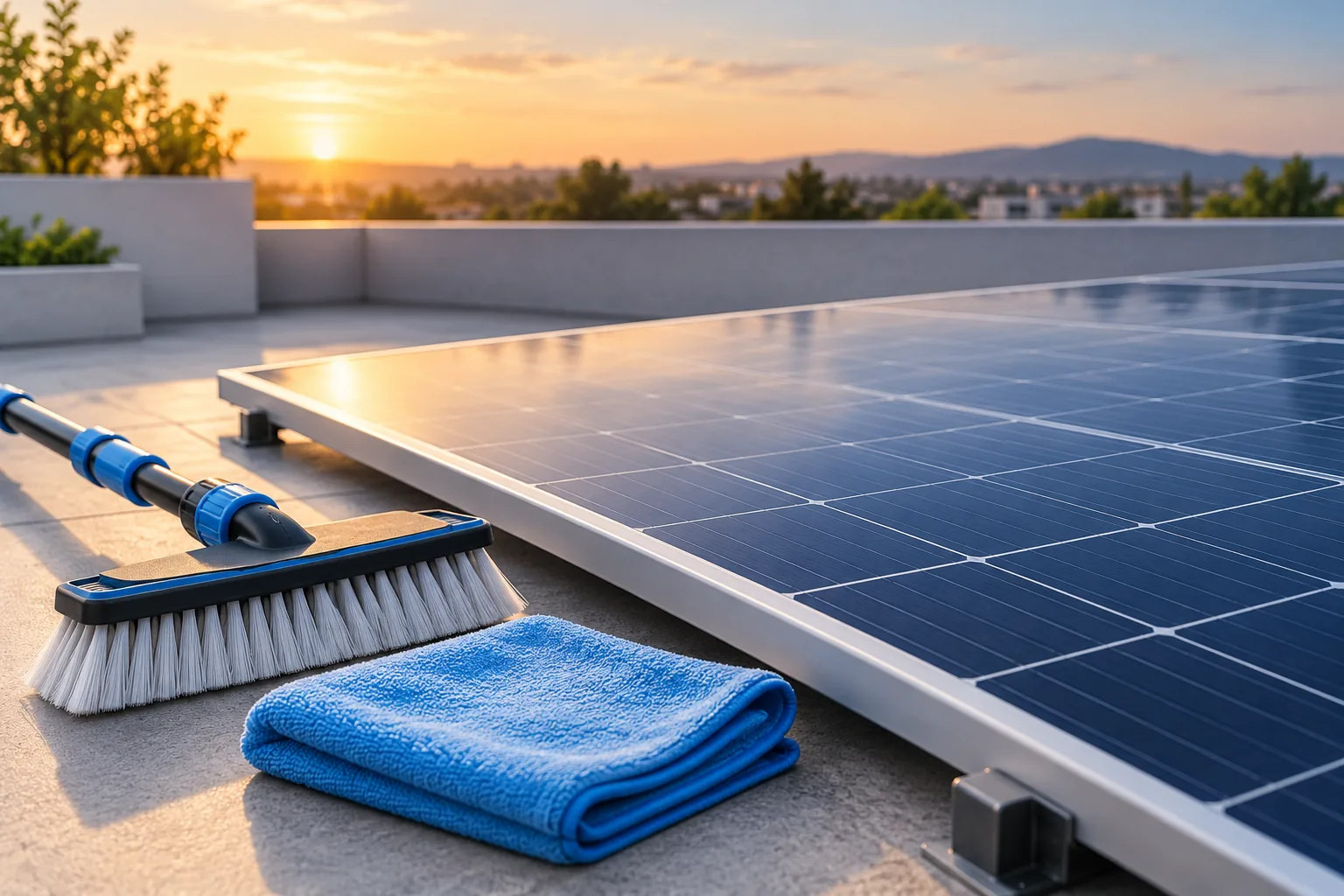 Illustrative soft cleaning brush and cloth beside an intact solar panel