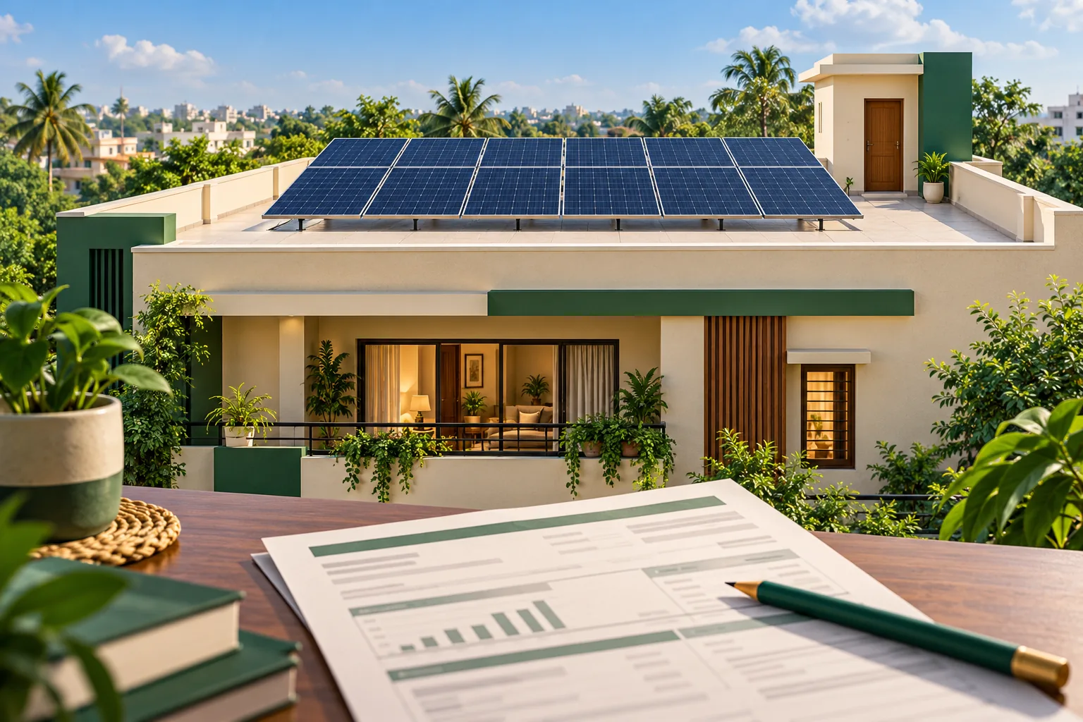 Illustration of an Indian home with rooftop panels and an electricity bill